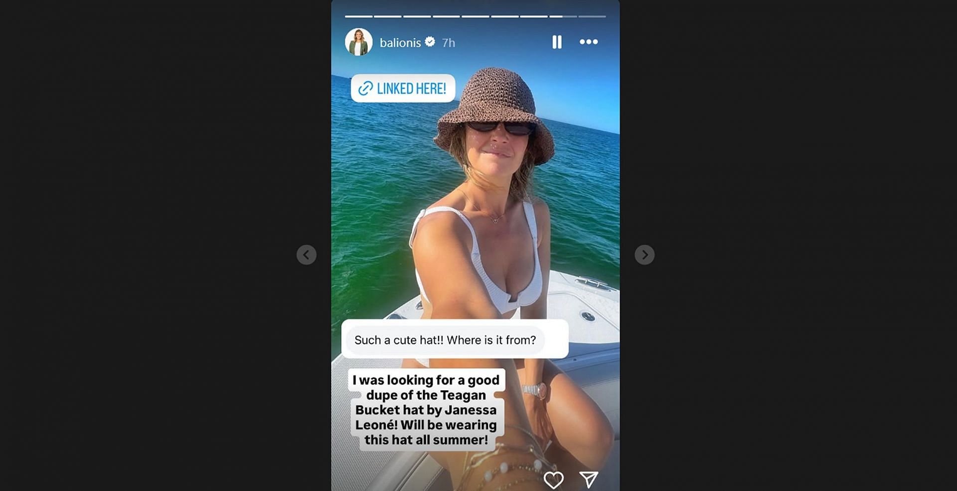 Amanda Balionis shows off $13.98 bucket hat she plans to wear all summer/@balionis